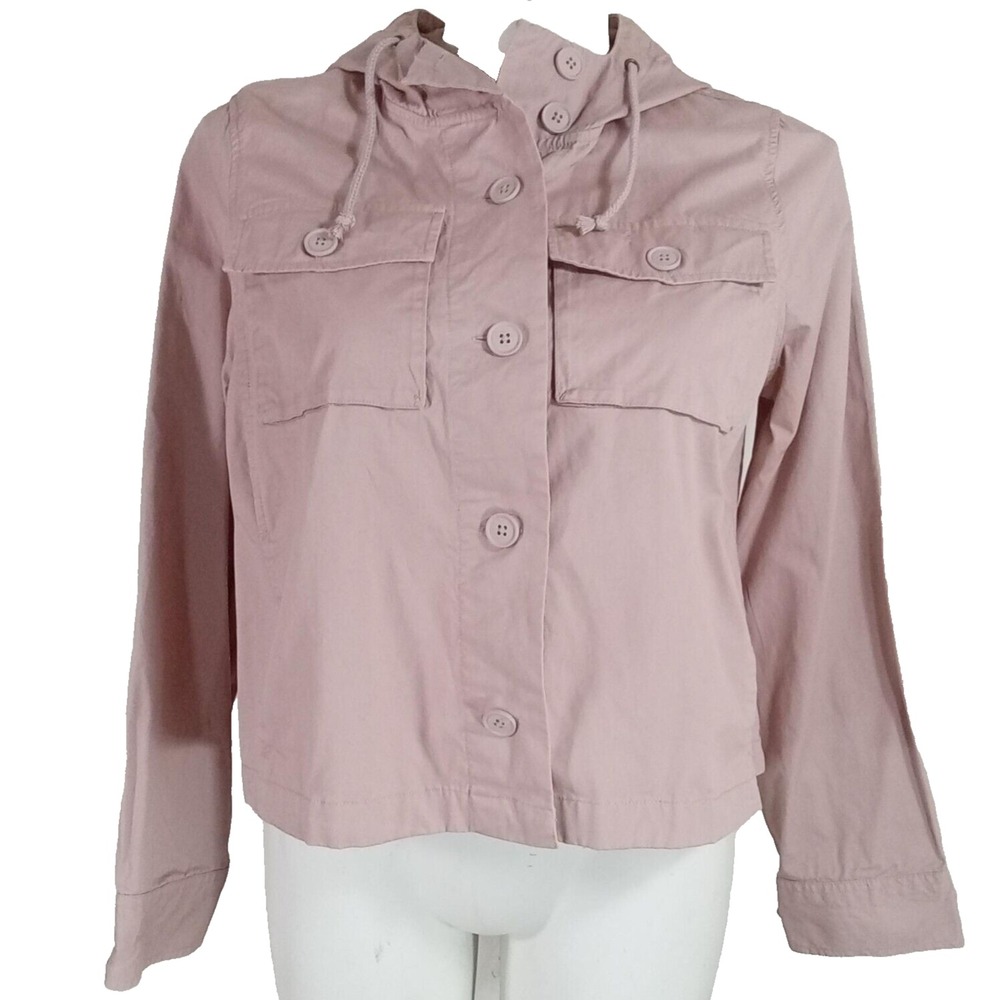 Cato Jacket Sz LARGE Dusty Rose 100% Cotton Hood Button Drawstring‎ Pocket Flap